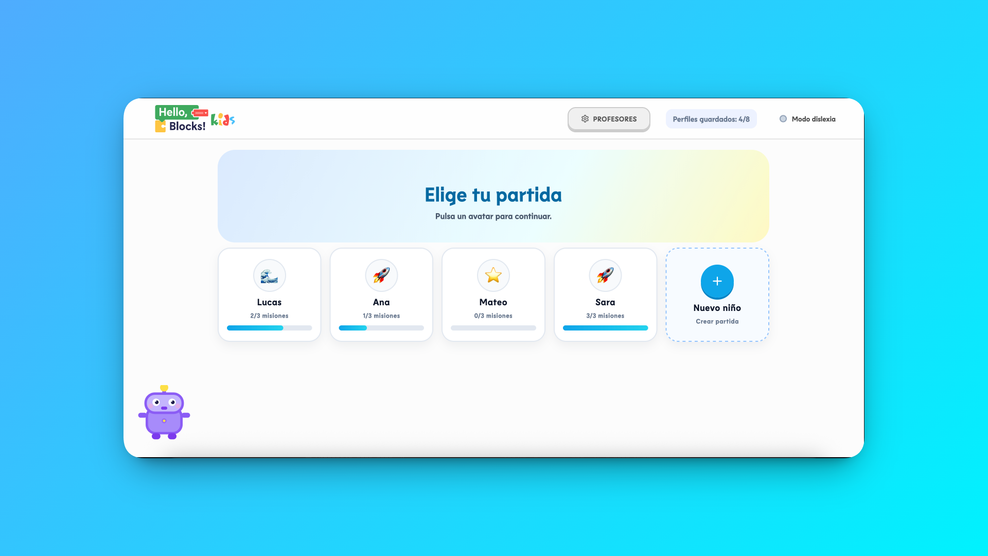 Profile selection screen: each child can have their own progression saved locally.