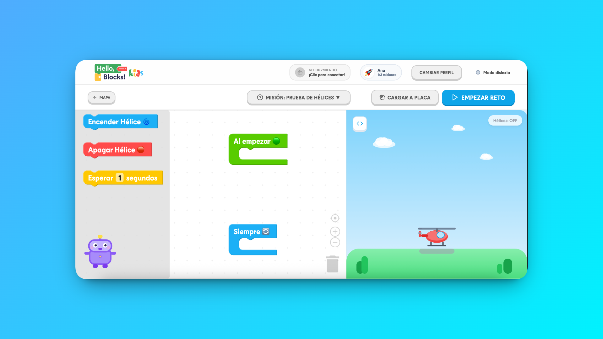 Programming environment: semantic blocks and real-time simulator for immediate feedback.